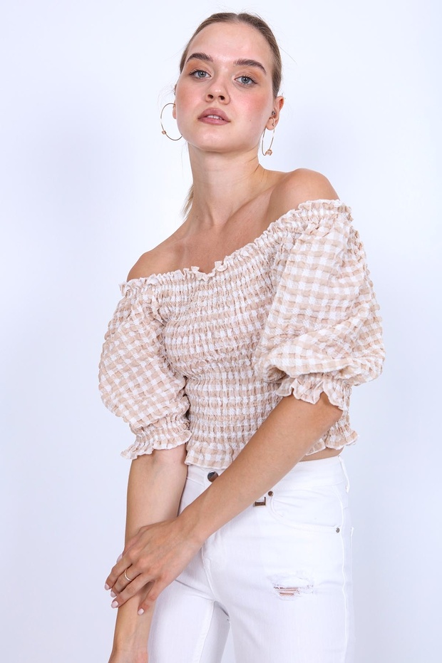 Gingham Pattern Glitter Blouse - 4