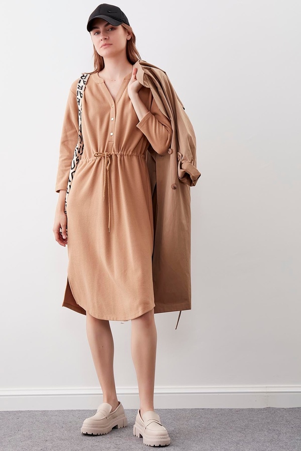 Düğmeli Beli Büzgülü Örme Elbise - 6