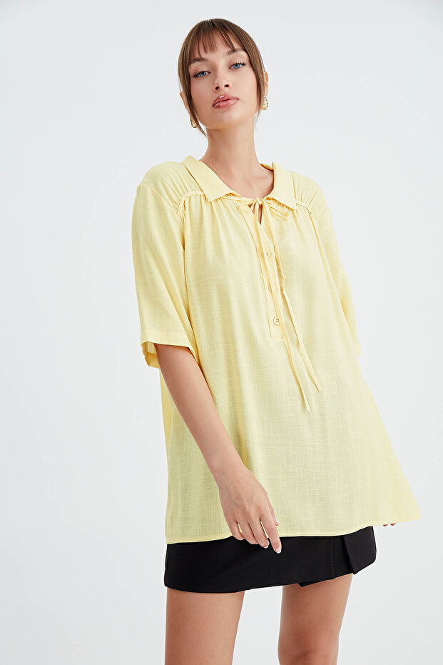 Önü Düğmeli Bağlamalı Bluz - 3