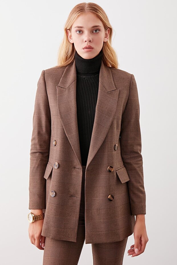 Slit Buttoned Plaid Patterned Jacket - 1