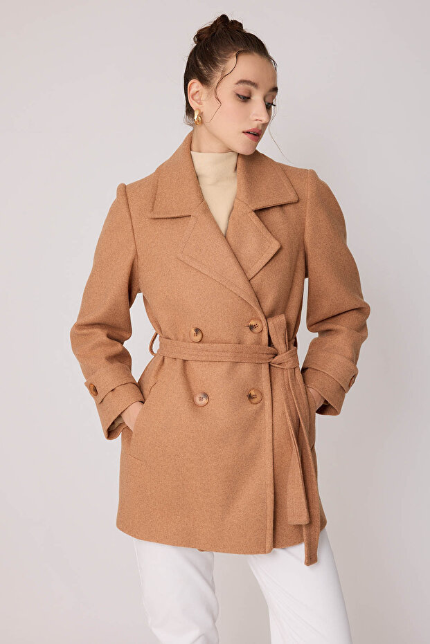 معطف كشمير قصير بحزام أمامي بأزرار - 3