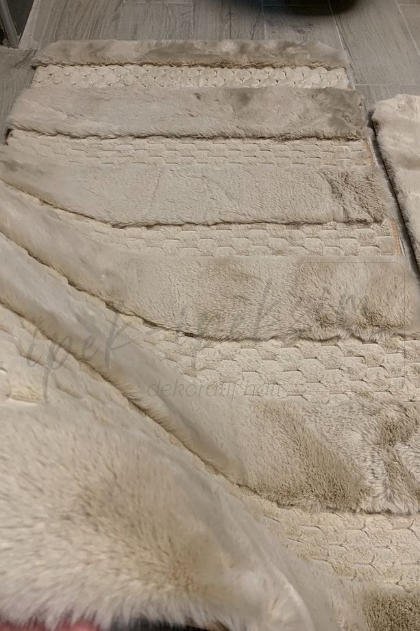 Özel Üretim Luxury 2li Tavsan Tüy Paspas Seti Dokuma Taban Yıkanabilir Yüksek Kalite Taş Renk - 5