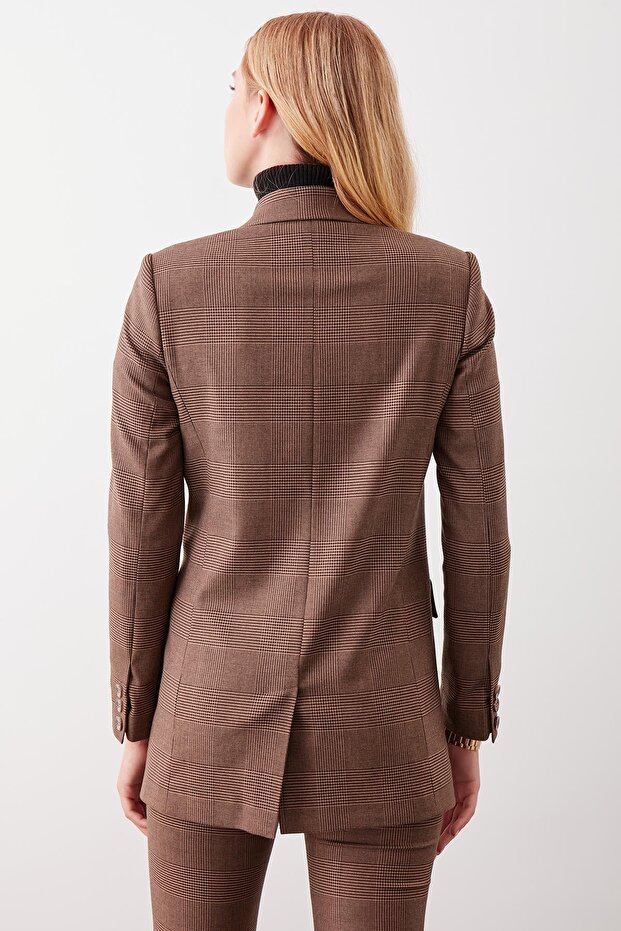 Slit Buttoned Plaid Patterned Jacket - 5