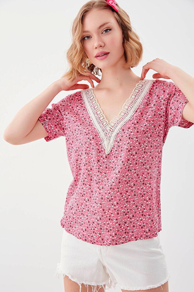 Çiçekli V Yaka Bluz - 4