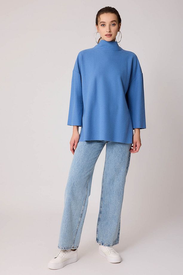 Düşük Kol Yakalı Yanlar Yırtmaçlı Örme Oversize Bluz - 1