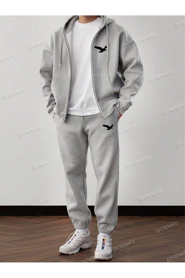 hila moda Fermuarlı Baskılı Oversize Alt Üst Eşofman Takımı Lastik Paça - 1