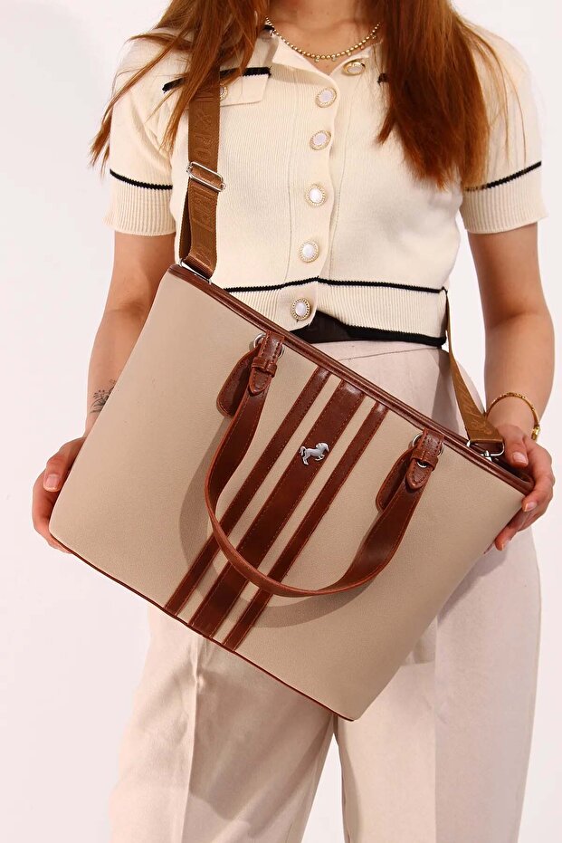 Kadın Polo Şerit Desenli Uzun Askılı 4 Bölmeli El & Omuz Çantası - 2