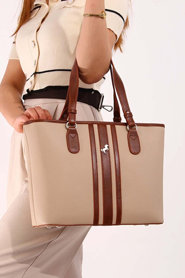 Kadın Polo Şerit Desenli Uzun Askılı 4 Bölmeli El & Omuz Çantası - 1