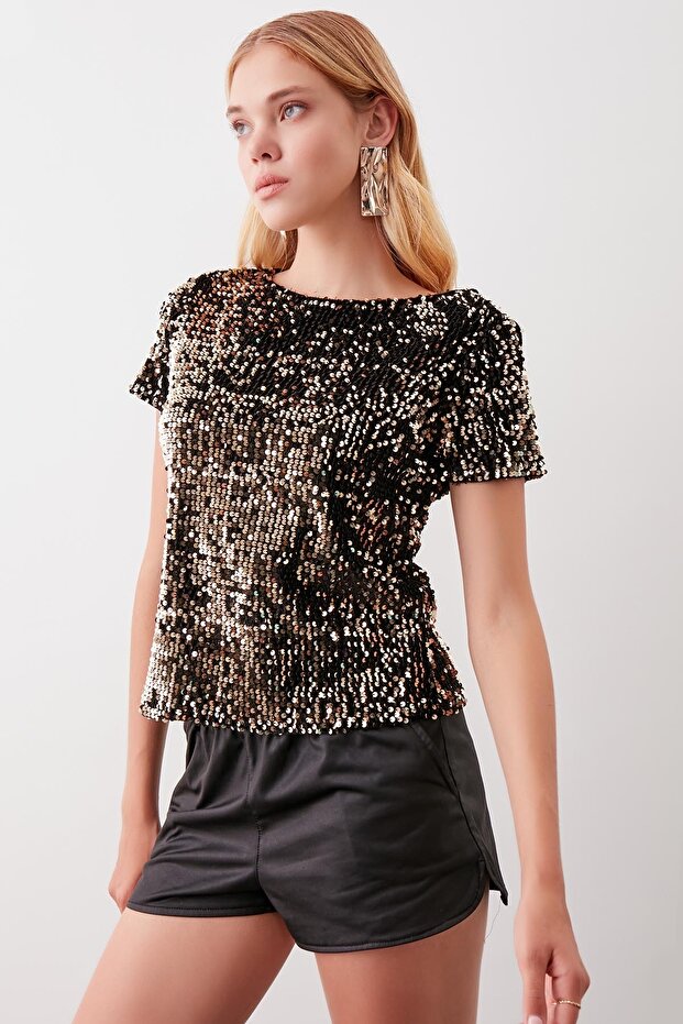 Pul Payetli Kısa Kol Bluz - 2