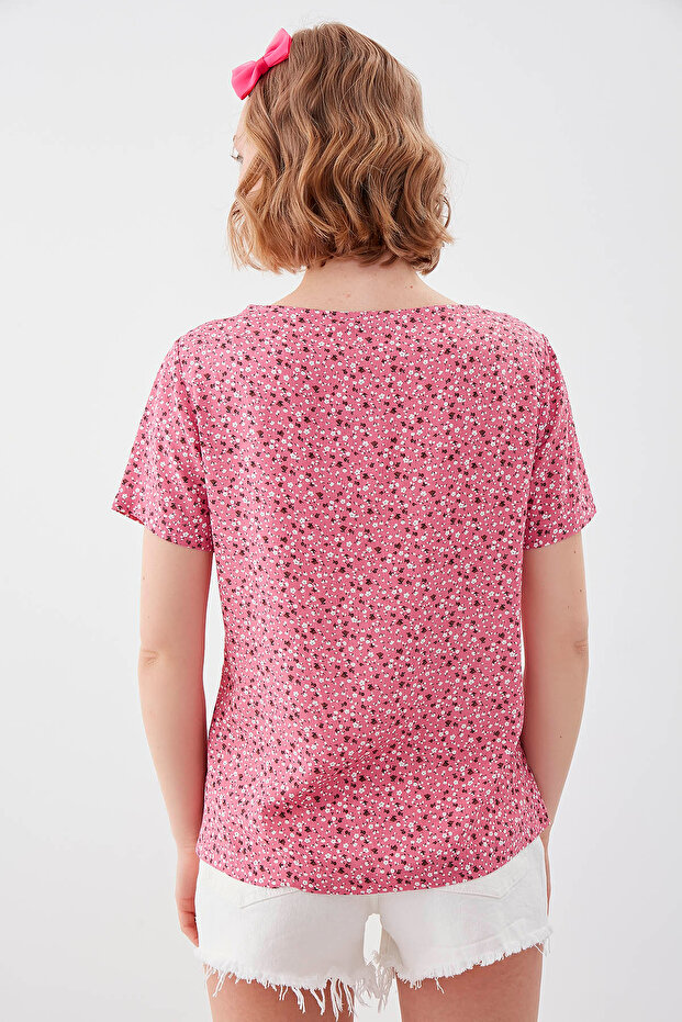 Çiçekli V Yaka Bluz - 5