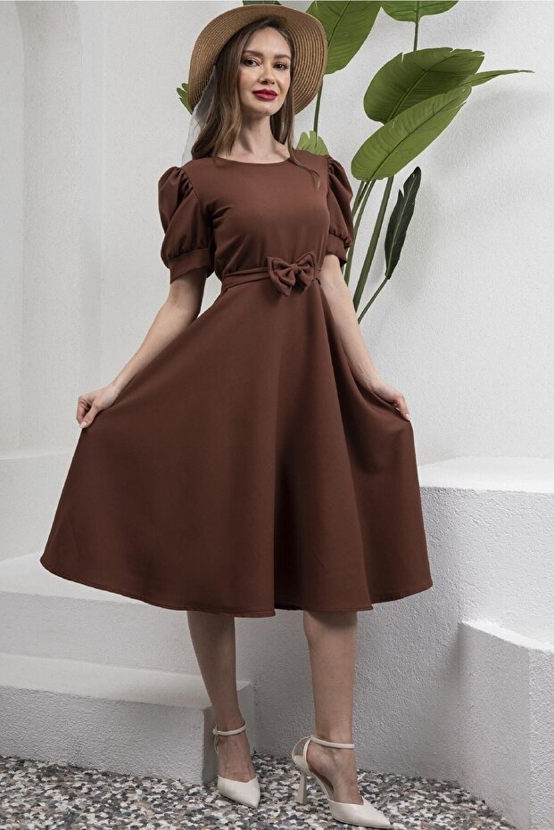 Brown Watermelon Sleeve Flared Midi Length Crepe Dress