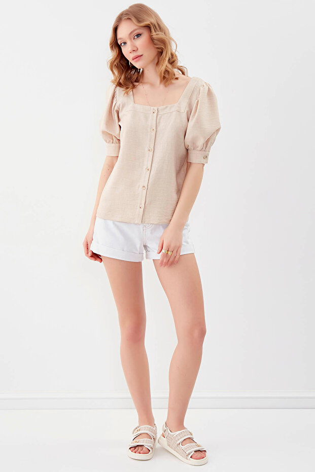 U-الرقبة بالون زر الكم بلوزة - 1