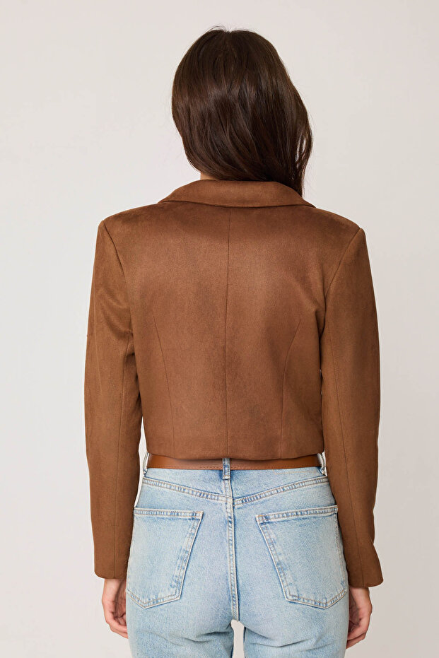 Double Button Lined Crop Suede Jacket - 5