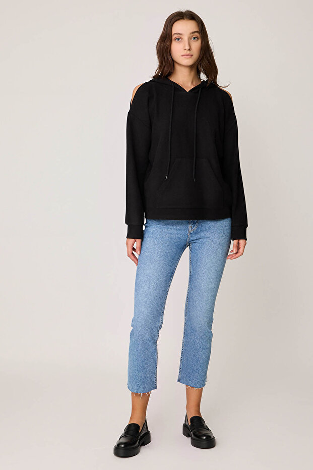 Omuz Dekolteli Kanguru Cep Kapüşonlu Sweatshirt - 1