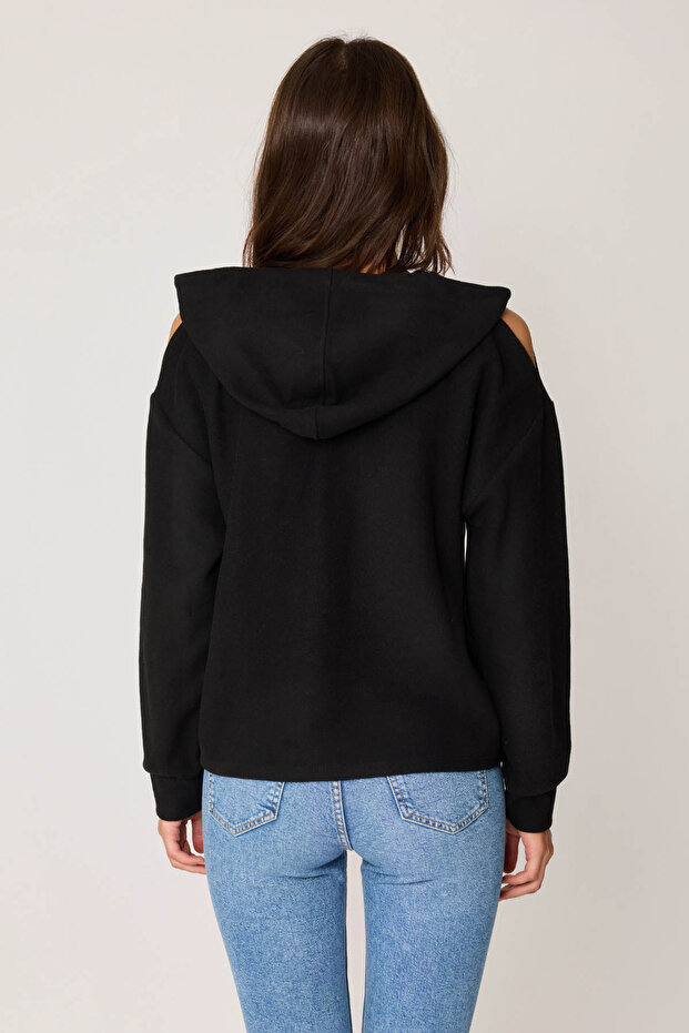 Omuz Dekolteli Kanguru Cep Kapüşonlu Sweatshirt - 5