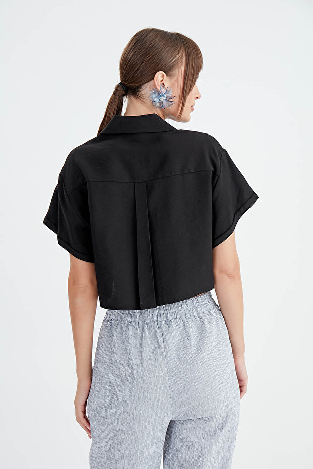 Düşük Omuz Crop Gömlek - 5