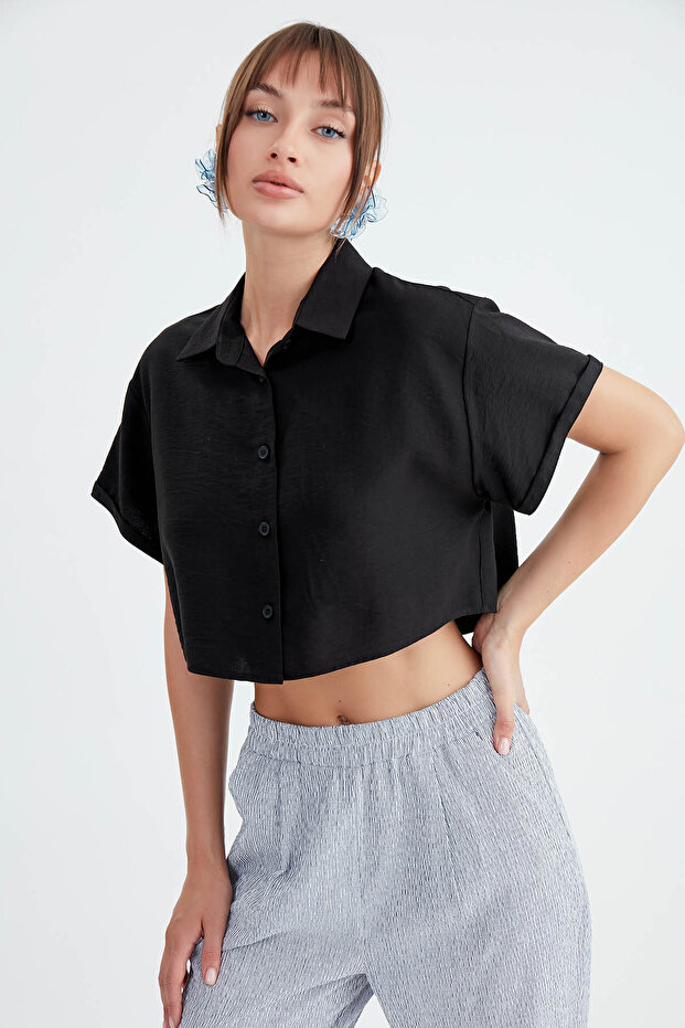 Düşük Omuz Crop Gömlek - 1