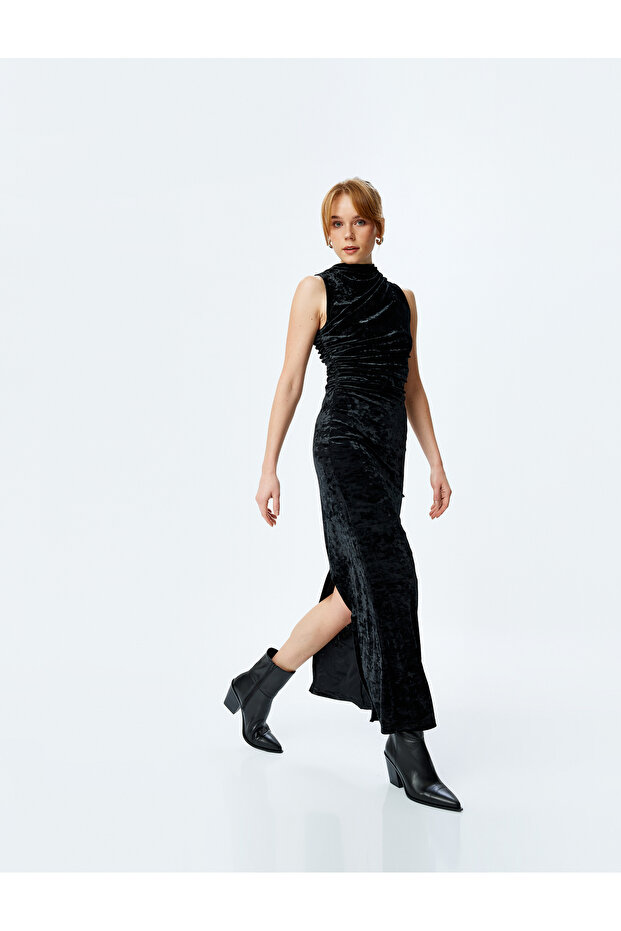 Drape Detail Slim Fit Sleeveless Long Velvet Dress
