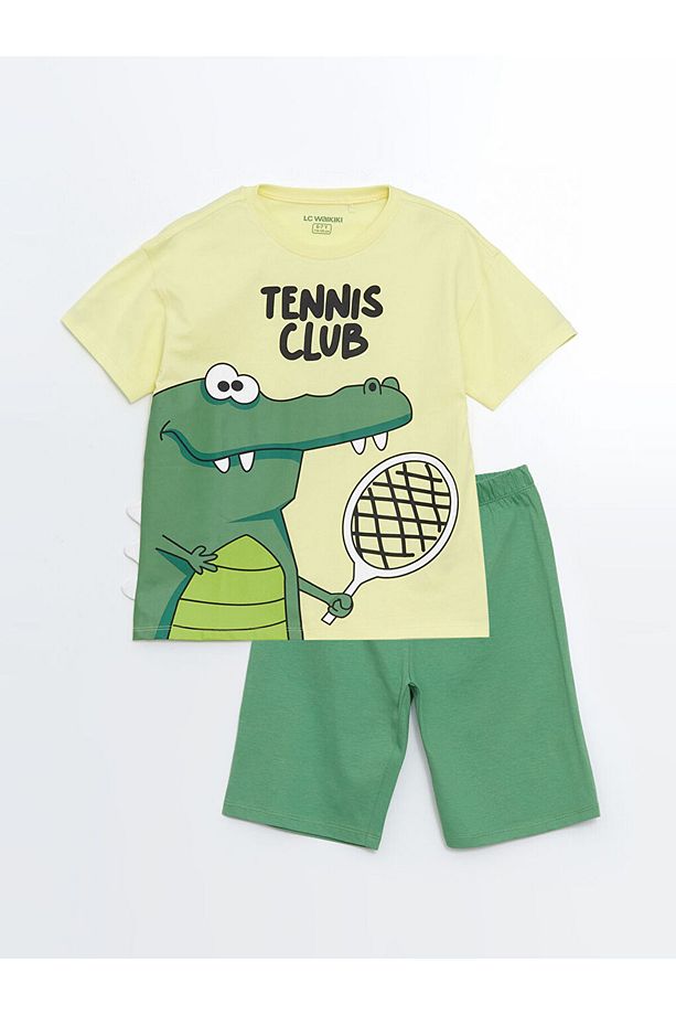LCW Kids Sari Dinozor Baskılı Erkek Çocuk Şortlu Pijama Takımı - 1