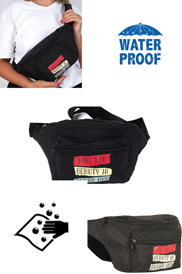 Unisex Black Color Printed Shoulder and Waist Bag