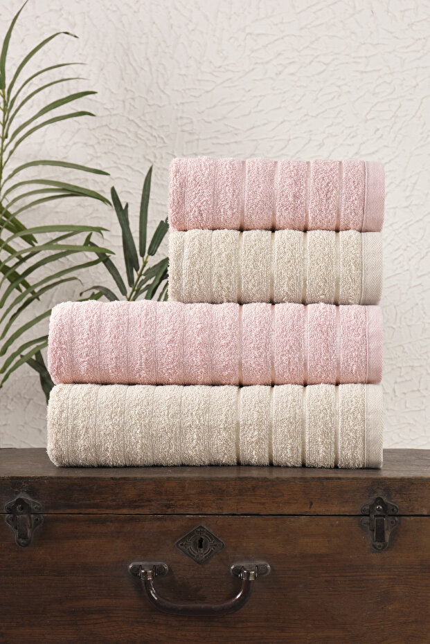 4 Piece Wave Bath Towel Set Powder Beige