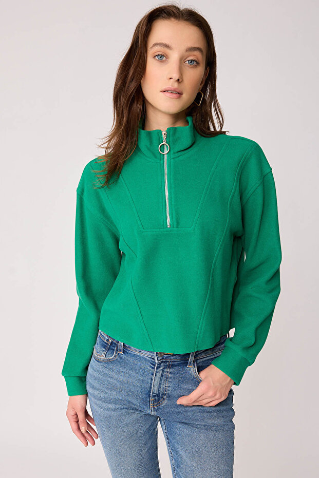 Dik Yaka Fermuarlı Örme Sweatshirt - 3
