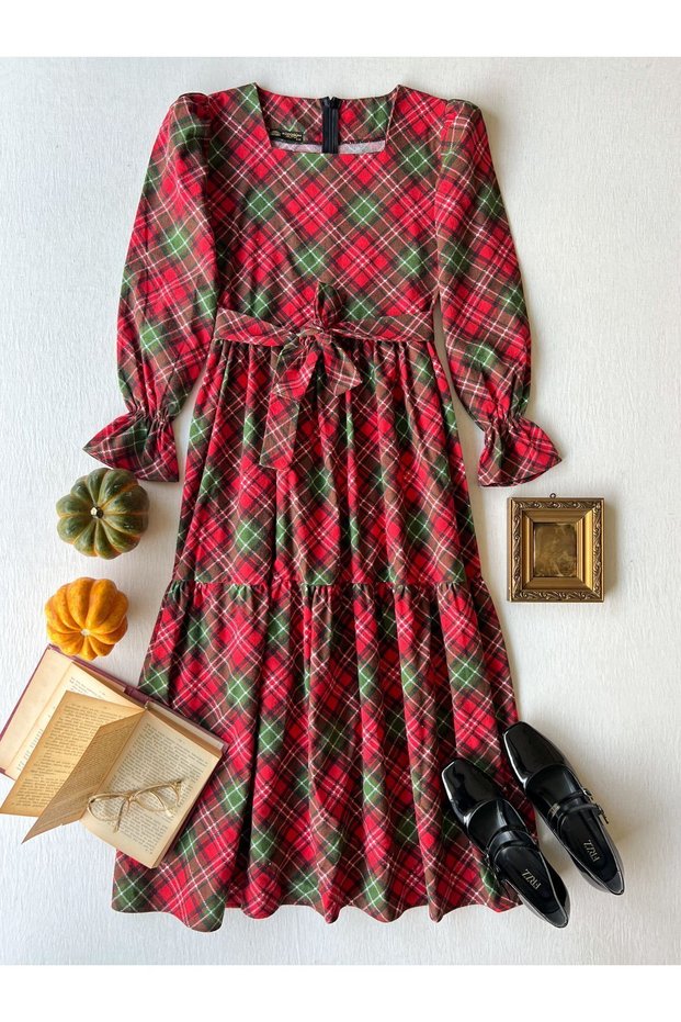 Red Plaid Square Collar Layered Women's Dress