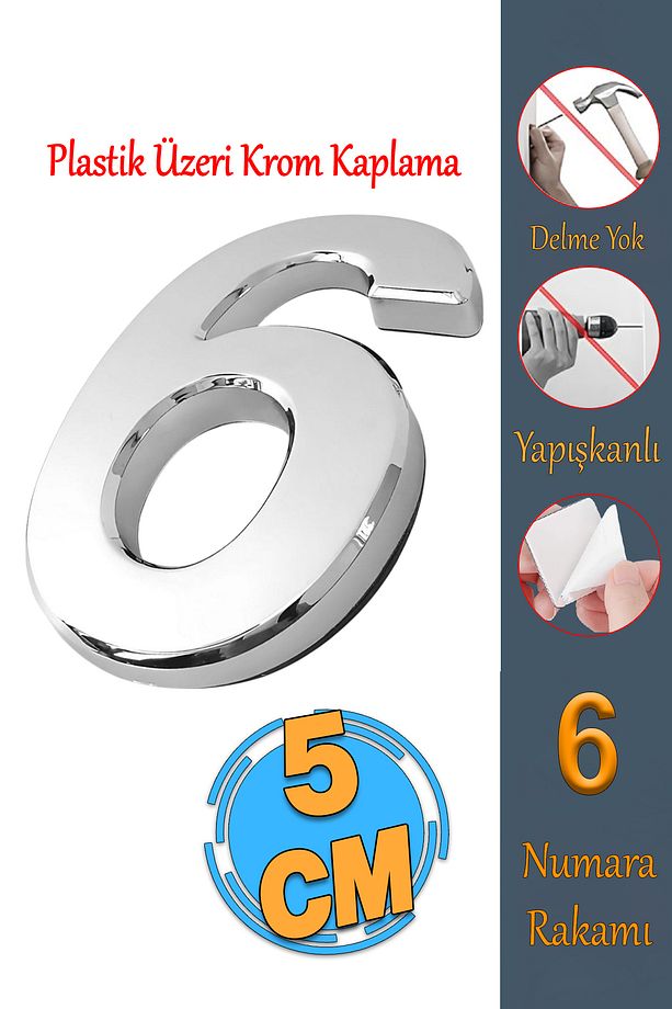 Yapışkanlı Kapı Numarası Küçük Boy 50 Mm 5 Cm Numara 6 Rakam Altı Sayı Krom Renk Numaralar 1 Adet - 1
