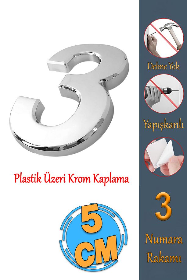 Yapışkanlı Kapı Numarası Küçük Boy 50 mm 5 cm Numara 3 Rakam Üç Sayısı Krom Renk Numaralar 1 Adet - 1