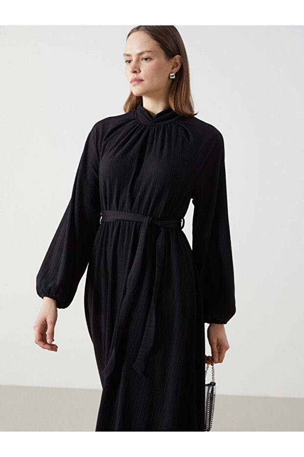 Lcw Modest Black Stand Collar Textured Women's Dress