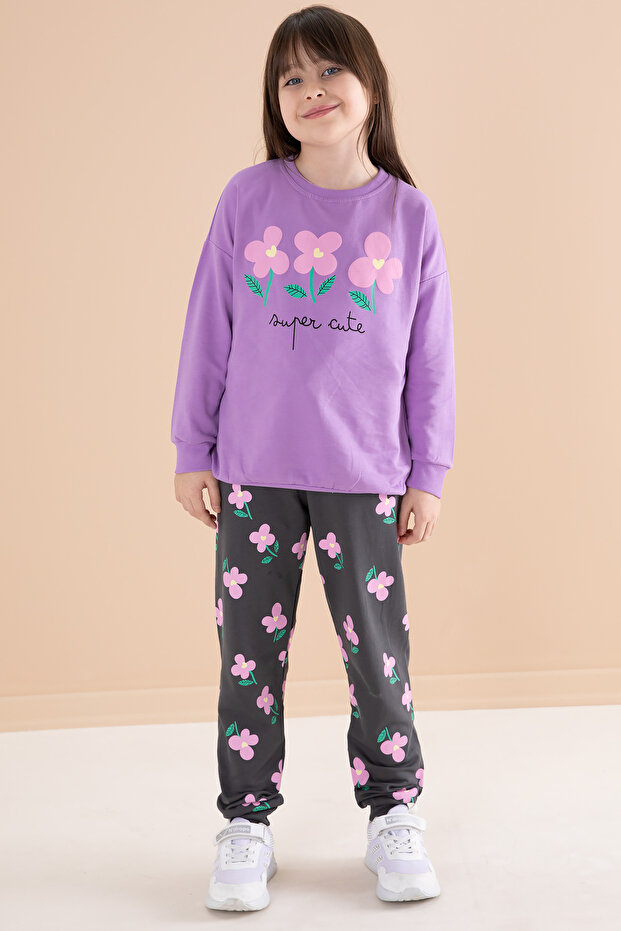 Lilac Flower Printed Crew Neck Girls' Tracksuit Set 20145