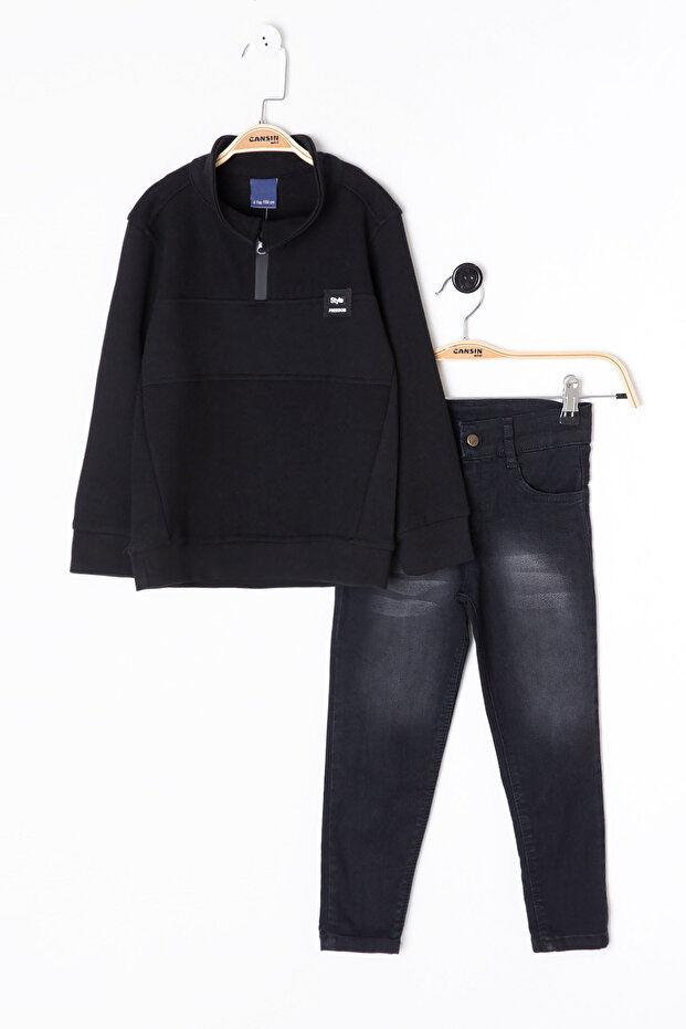 Black Zipper Collar Sweatshirt and Jean Pants Boy Suit 20107