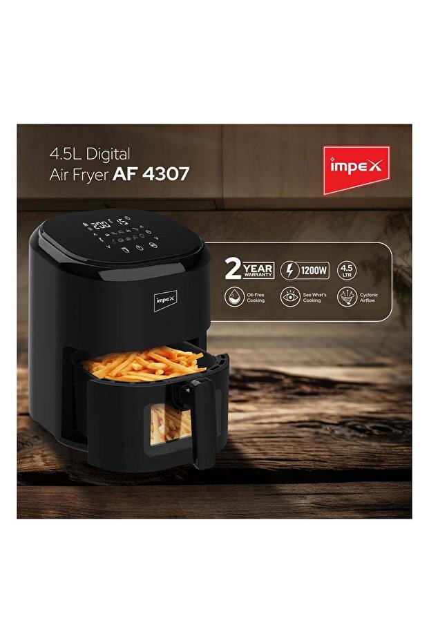 Impex 4.5L Digital Air Fryer, 1200W, Adjustable Temp Control, Oil-Free Cooking, Black -  AF 4307 - 6