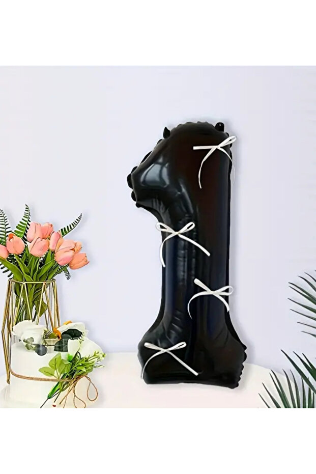 Black Numeral Foil Balloon with Cream Bow 40 Inches