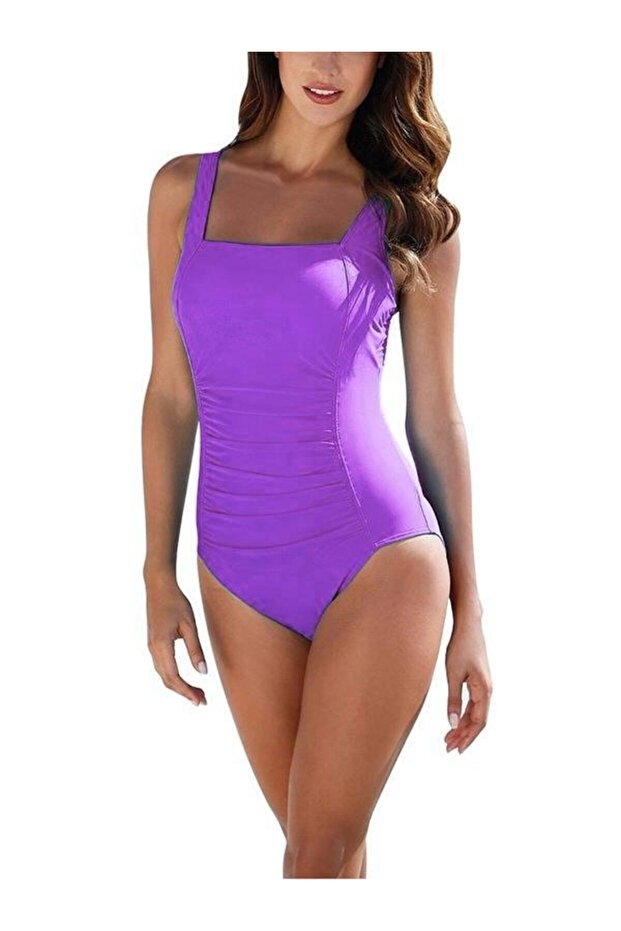 Large Size Swimsuit with Curve Front Draped Thinning Effect - 1
