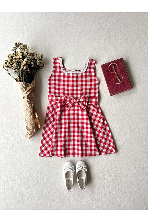 Red Gingham Strap Square Collar Girl's Dress