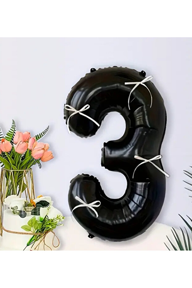 Black Numeral Foil Balloon with Cream Bow 40 Inches