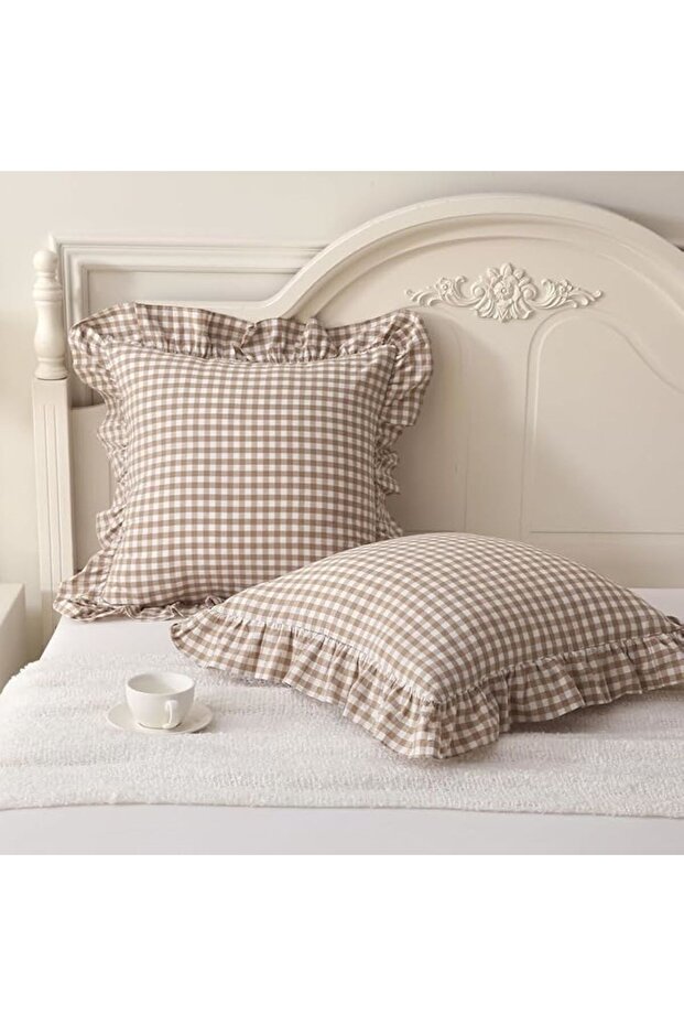Vintage Ruffled Gingham 100% Cotton Throw Pillow Cover Checkered Bohemian Throw Pillow Cover 43X43