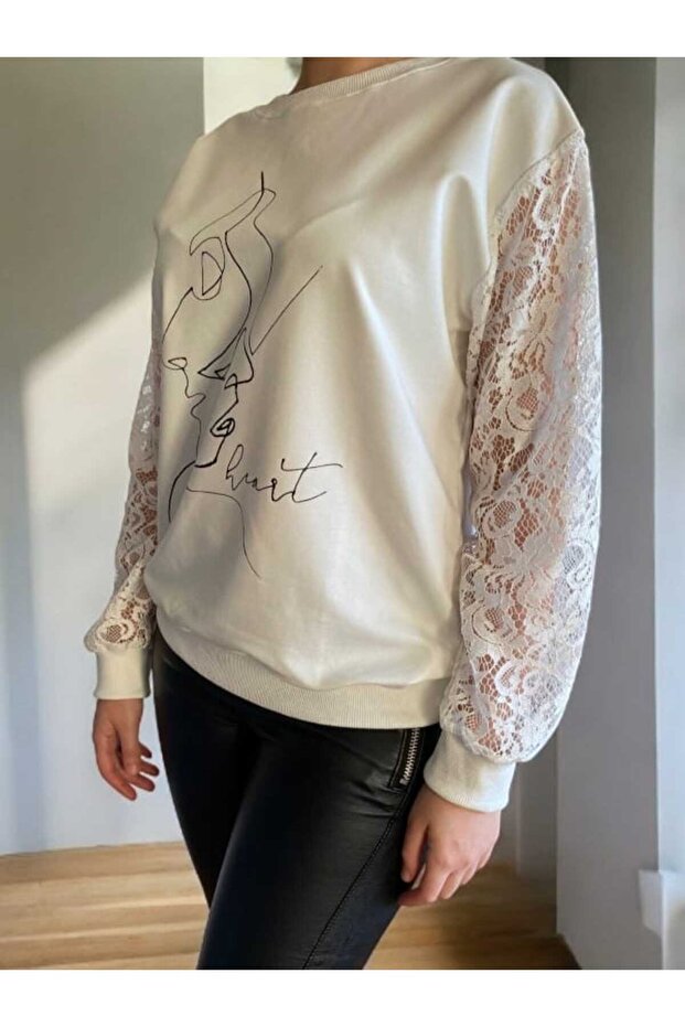 Dantel Kol Detay Silüet Baskı Sweatshirt - 4