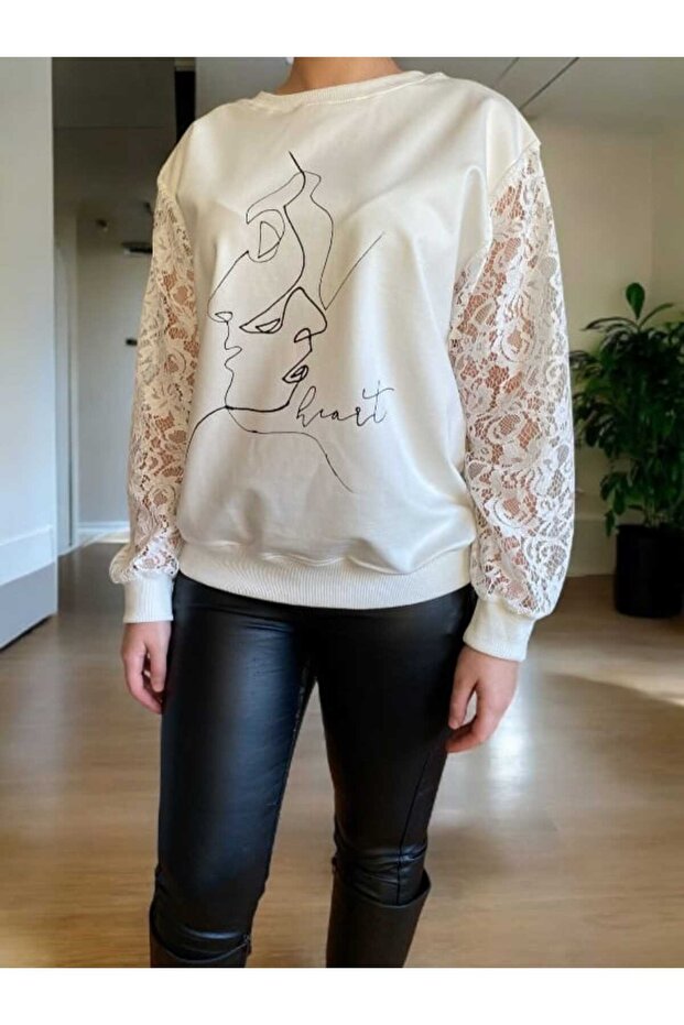 Dantel Kol Detay Silüet Baskı Sweatshirt - 5