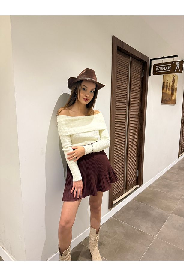 Kahve Pileli İçi Kendinden Şortlu Etek - 2