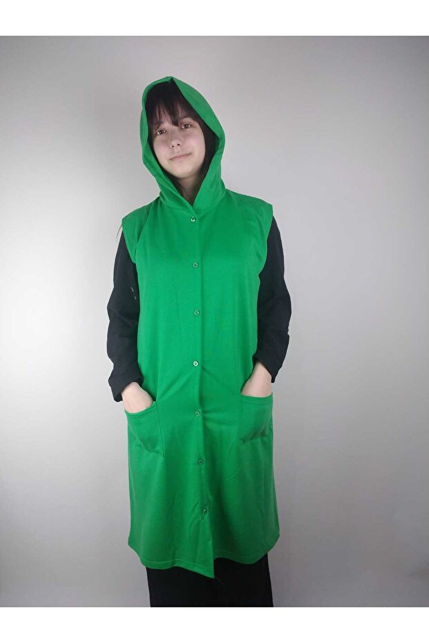 Women's Pistachio Green Hooded Button Pocket Sleeveless Two Thread Long Vest