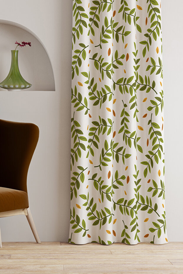 Ays Home Green Leaf Background Curtain (135 cm X 260 cm Without Pleat)