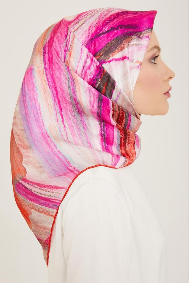 Mercan-Mor Batik Desen Tivil İpek Eşarp 9102-52 - 2