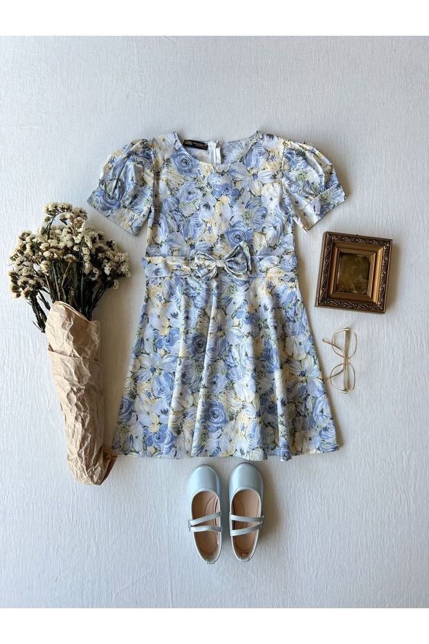 Pastel Floral Patterned Flared Watermelon Sleeve Girl's Dress