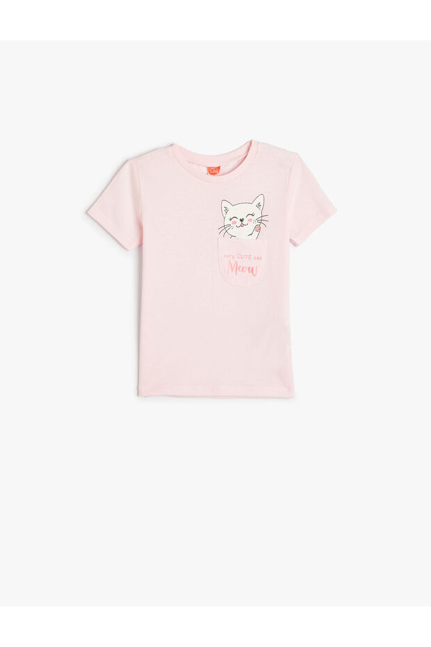 T-Shirt Short Sleeve Crew Neck Cat Printed Pocket Detailed Cotton