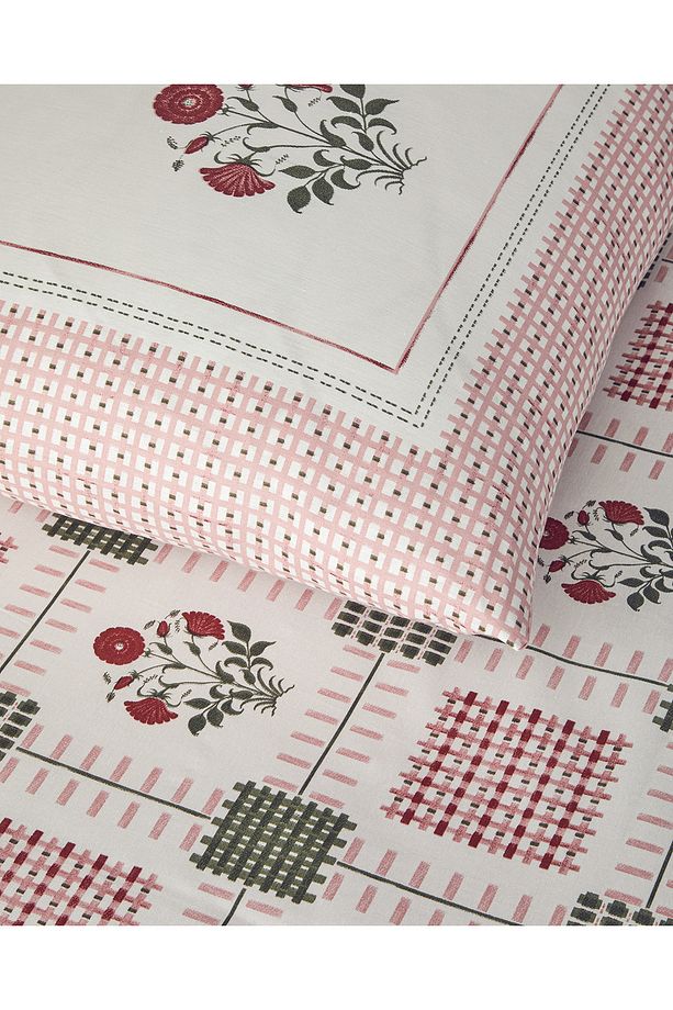 Floral Grid Pamuklu Tek Kişilik Nevresim Seti Gül Kurusu - 3
