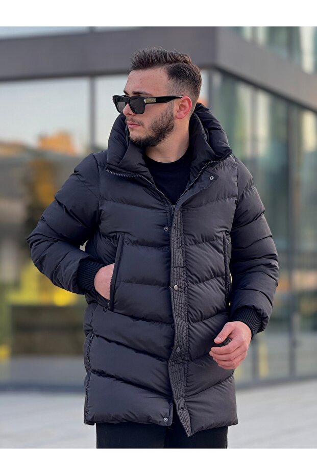 ЧОЛОВІЧЕ ЗИМОВЕ ДОВГЕ ПАЛЬТО З КАПЮШОНОМ І БІЧНОЮ ЗАСТІБКОЮ-БЛИСКАВКОЮ - 1