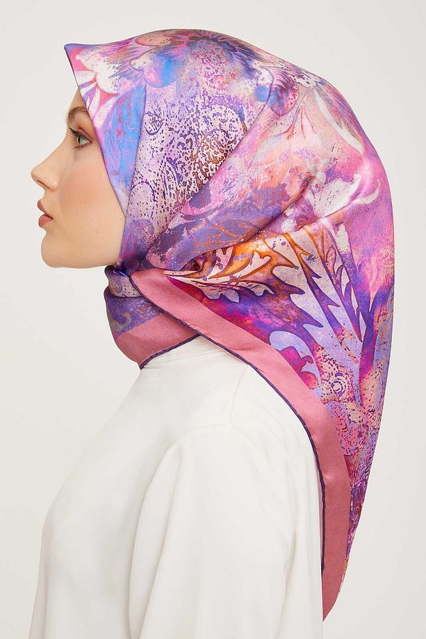 Pembe Vintage Desenli Tivil İpek Eşarp 9041-02 - 3