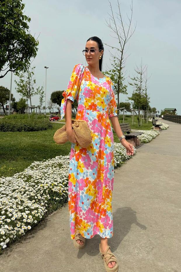 Natural Viscose Patterned Slit Long Orange Dress - 3